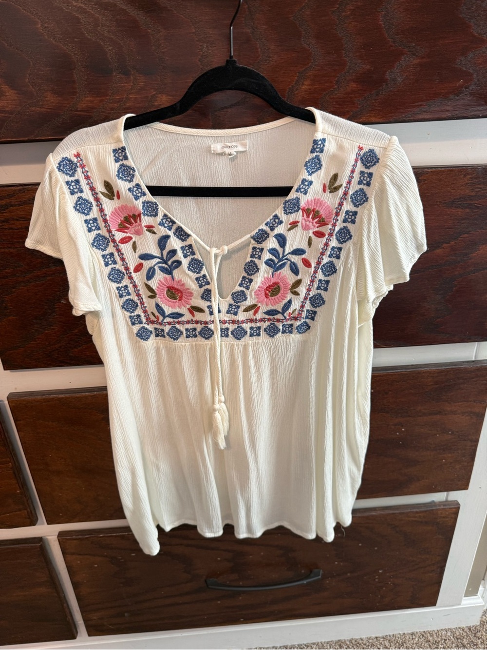Maurices Cream Embroidered V‑Neck Peasant Blouse with Pink & Blue Floral